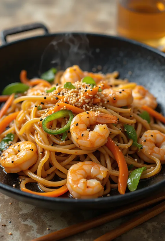 Yakisoba con camarones, mezcla deliciosa de fideos y verduras con camarones y ajonjolí