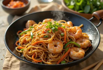 Yakisoba con camarones, mezcla deliciosa de fideos y verduras con camarones y ajonjolí