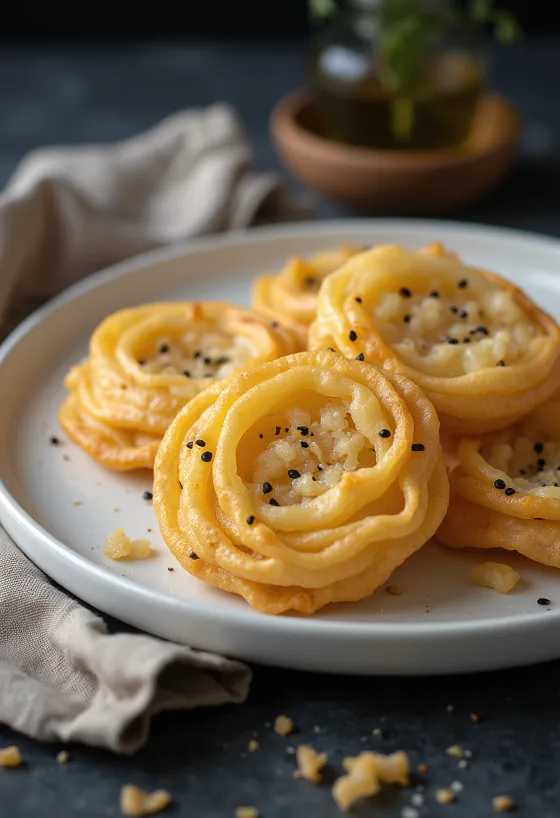 Bolitas de Achappam de coco recién fritas en color dorado, dispuestas en un tazón.