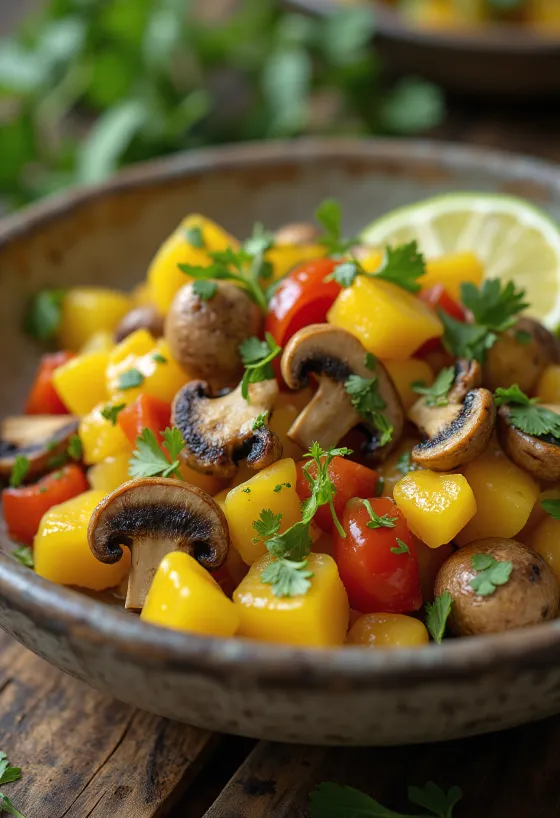Ackee y champiñones, un platillo delicioso servido con cilantro fresco y rodajas de limón