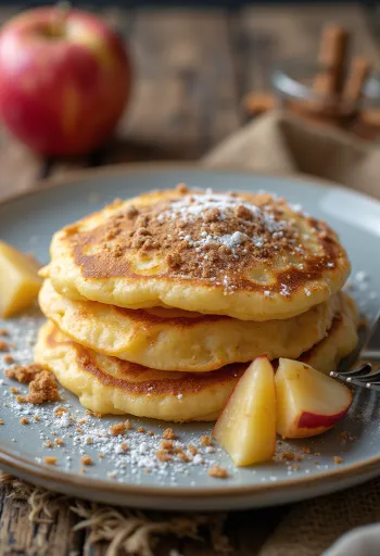 Hot cakes de manzana recién hechos espolvoreados con azúcar glas y canela