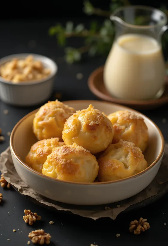 Tradicional Aranygaluska con salsa de vainilla, capas de nuez y masa suave.