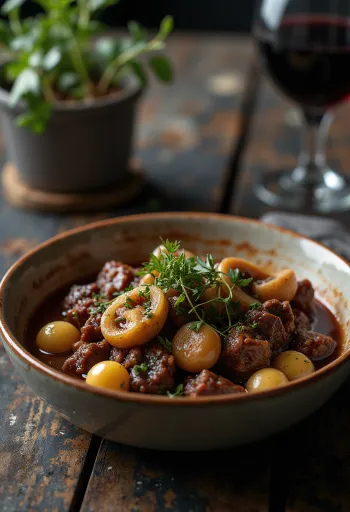 Boeuf Bourguignon servido con puré de papa