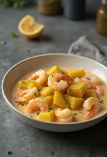 Chingri malai servido con papas