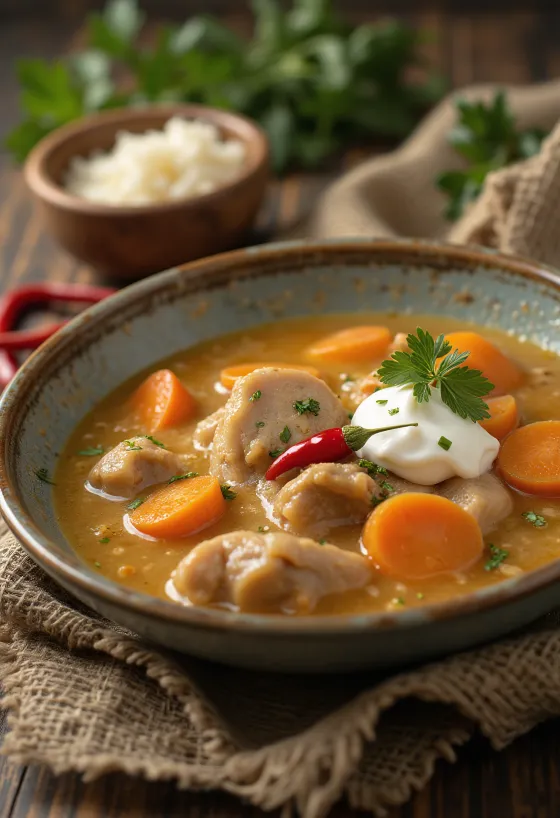 Ciorba de cerdo, caldo rico con carne y verduras servido con perejil fresco