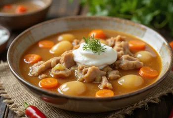 Ciorba de cerdo, caldo rico con carne y verduras servido con perejil fresco