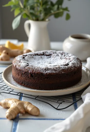 Pastel de chocolate y jengibre espolvoreado con azúcar glass y jengibre rallado
