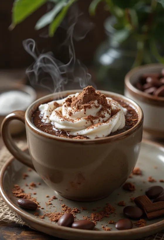 Taza de chocolate caliente con un copete de crema batida