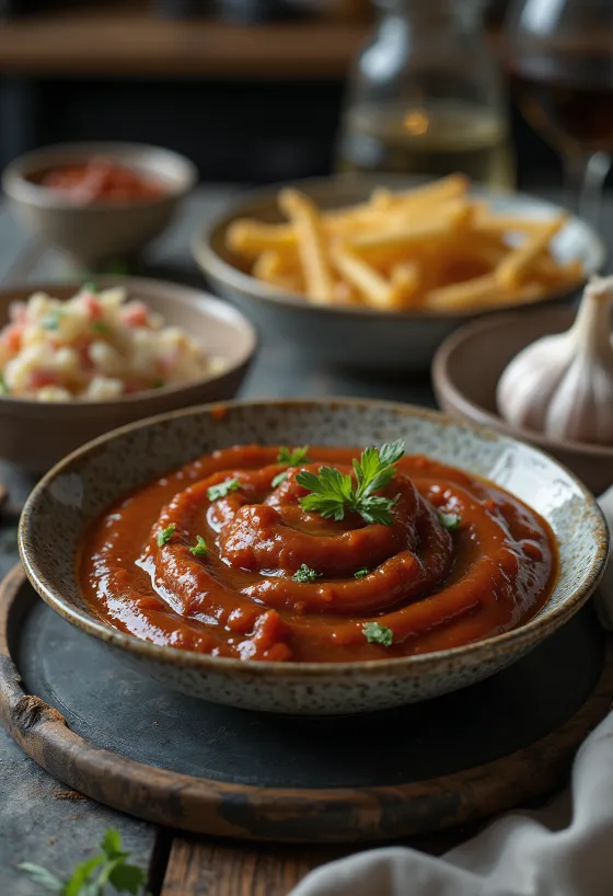 Salsa BBQ de ajo ahumado servida