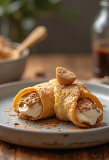 Postre cannoli de café y caramelo servido