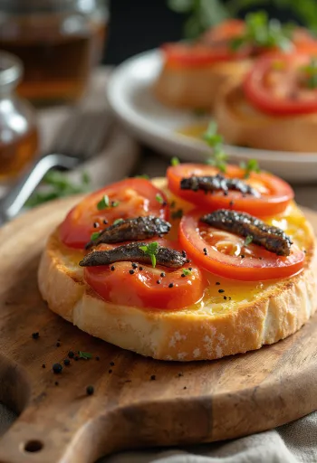 Pa amb tomàquet i anxoves servido fresco, con pan tostado, tomate y anchoas