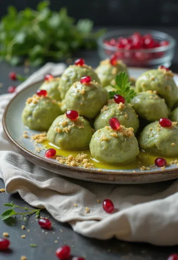 Pkhali con ejotes servido con cilantro fresco y granada