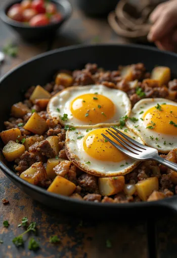 Pyttipanna clásico servido con papas fritas, carne y huevo