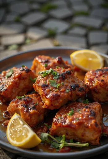 Cabrito tandoori servido con pan naan y cilantro fresco.