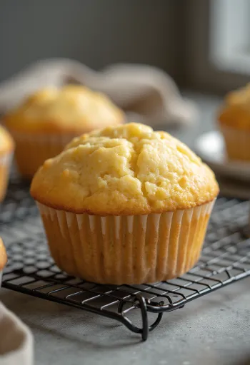 Muffins de vainilla horneados dorados, servidos en capacillos de papel