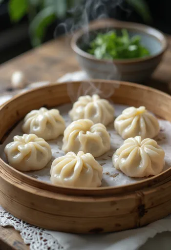 Dumpling vietnamita de cerdo al vapor servido con masa esponjosa