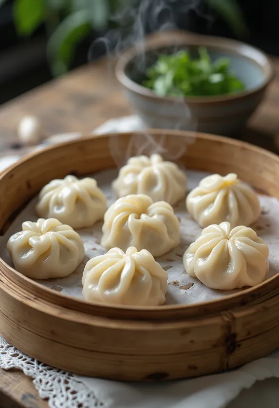 Dumpling vietnamita de cerdo al vapor servido con masa esponjosa