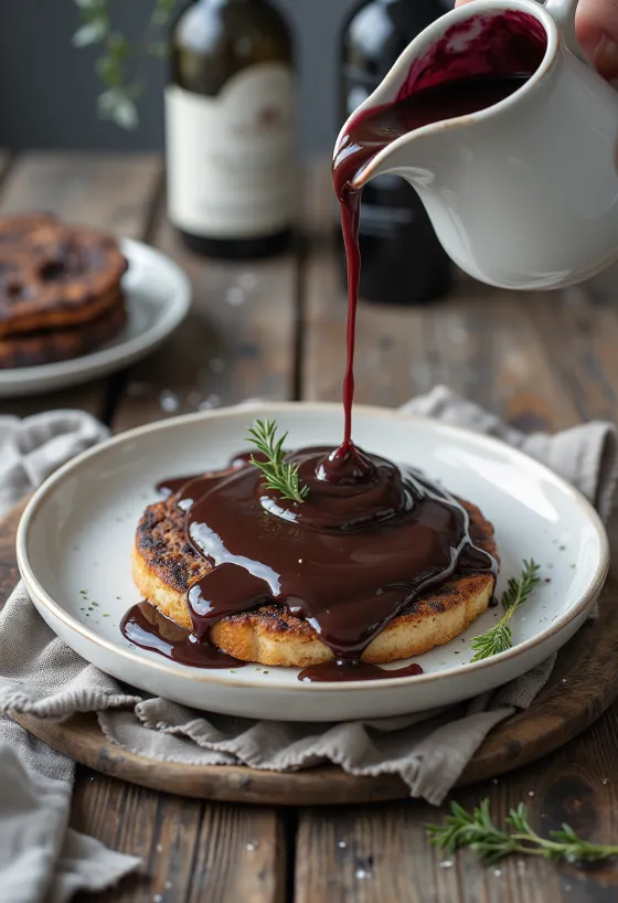 Salsa de chocolate al vino tinto servida