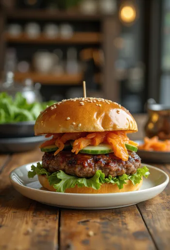 Hamburguesa Bulgogi servida con ensalada y kimchi