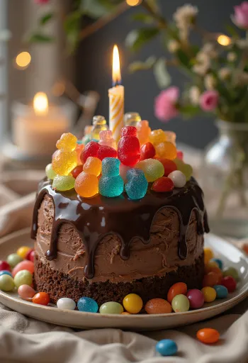 Pastel de chocolate con dulces coloridos y perlas