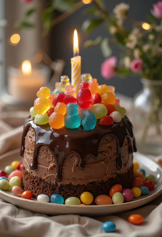 Pastel de chocolate con dulces coloridos y perlas