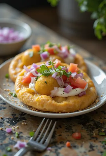 Dahi puri con cebolla y jitomate, servido con cilantro fresco