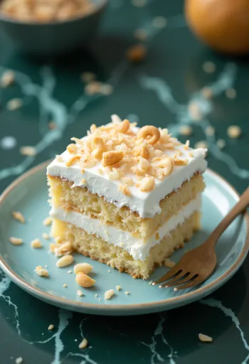 Pastel de mousse de coco servido con coco rallado
