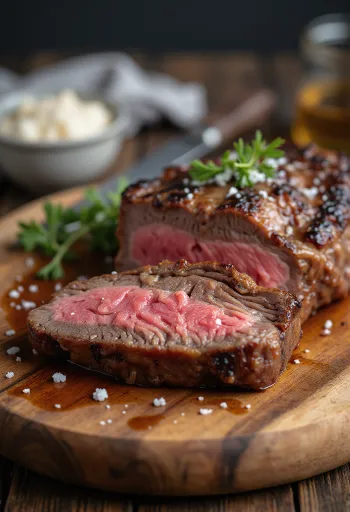 Picanha, rebanadas de res brasileña asada con papas y chimichurri