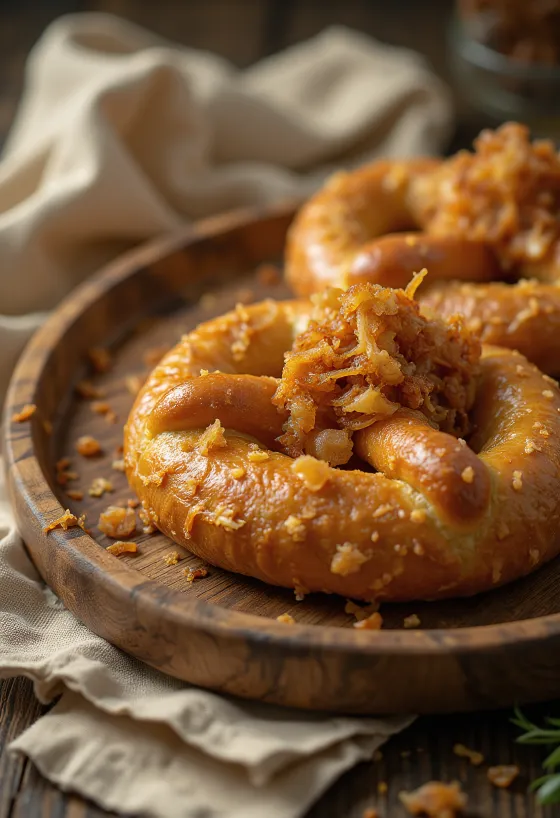 Pretzel servido con cebolla caramelizada, con rica cebolla por encima, crujiente por fuera y suave por dentro.