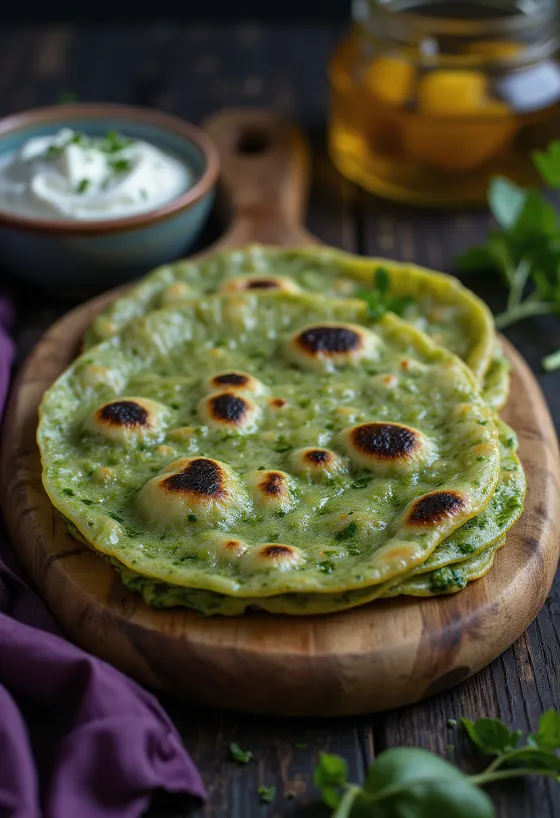 Roti con espinacas, servido con espinacas frescas y roti crujiente