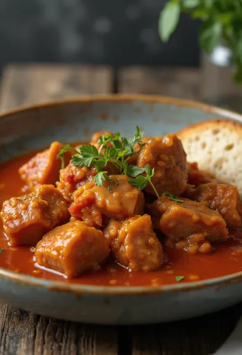 Estofado de cerdo servido con papas y perejil fresco