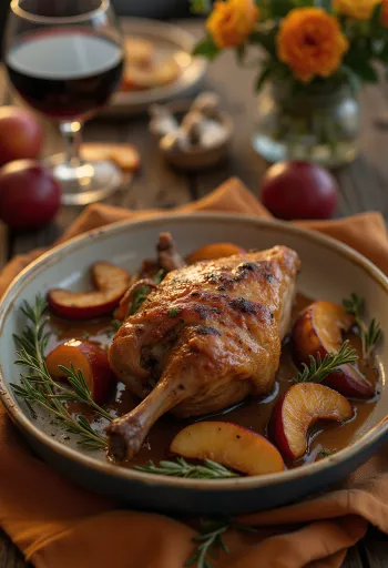 Pierna de pato crujiente servida con puré de papa y col morada