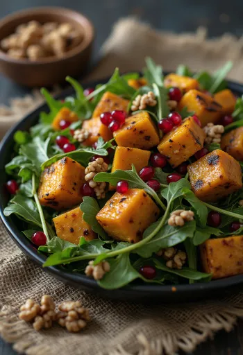 Ensalada de tofu con calabaza servida