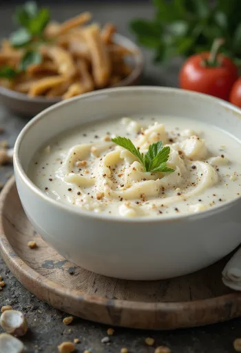 Salsa cremosa de ajo y especias en un tazón, decorada con perejil fresco.