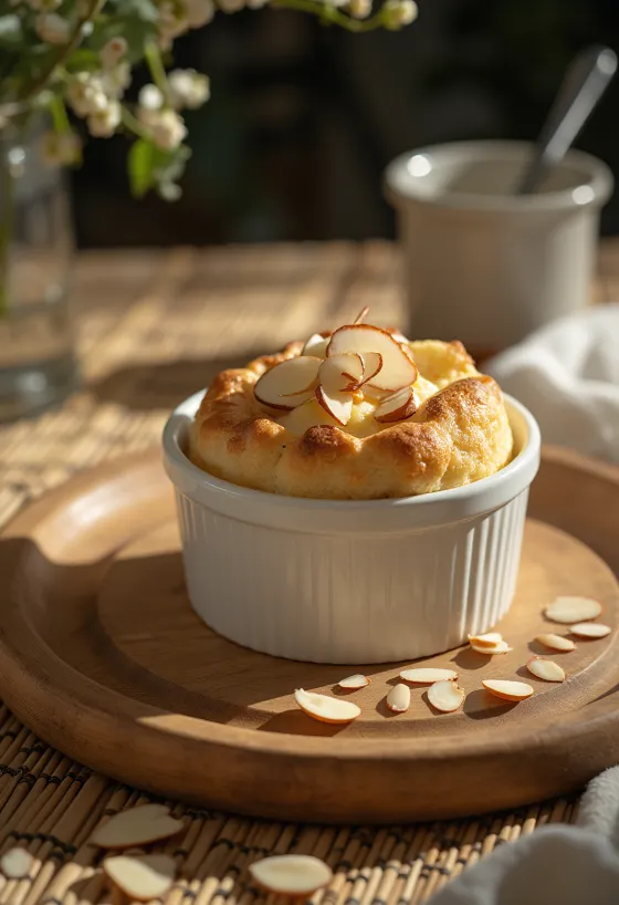 Soufflé de vainilla y almendra servido