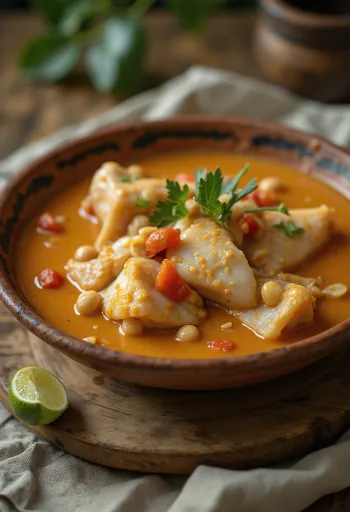 Vatapá de pescado con cacahuate, rico plato de pescado con coco y cacahuate acompañado de arroz fresco