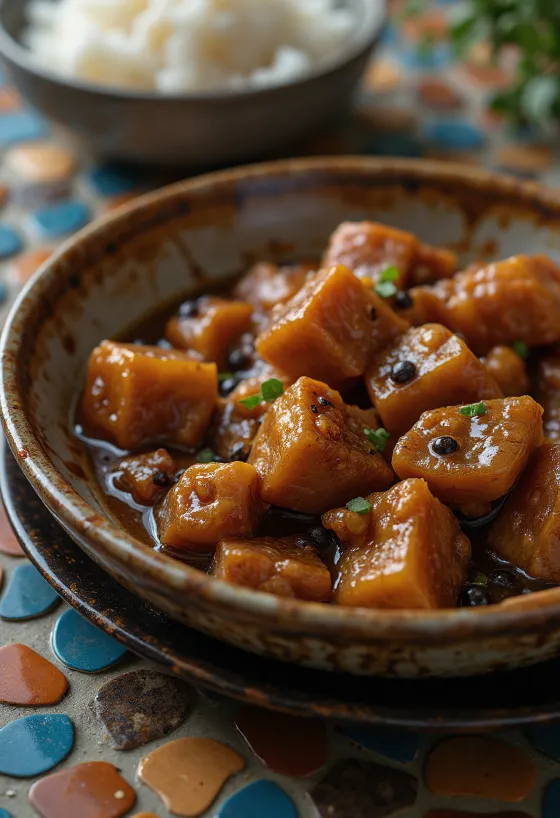 Adobo de cerdo, servido junto a arroz y cilantro fresco