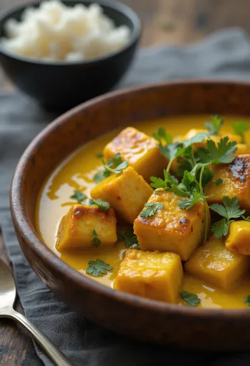 Ragú de tofu al curry al grill BBQ servido