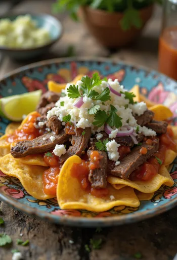 Chilaquiles con Cecina, trozos de tortilla crujiente con cecina y salsa roja