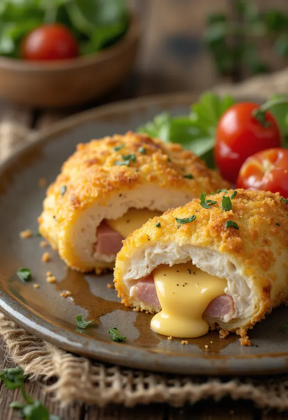 Cordon bleu servido con ensalada fresca y papas fritas