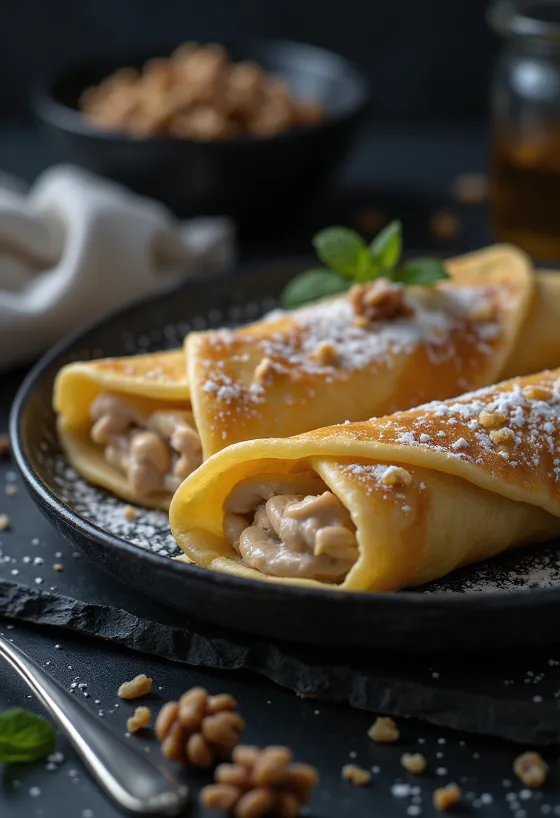 Crepas delgadas rellenas de nuez molida