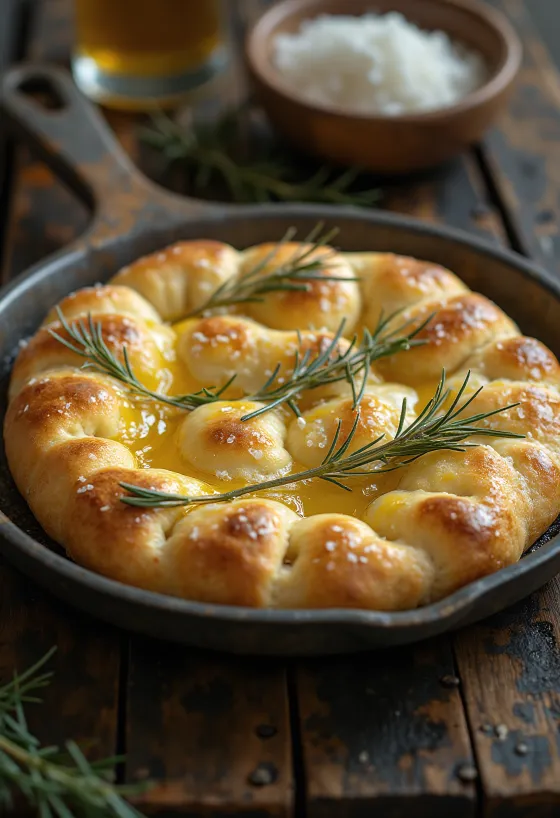 Focaccia italiana recién horneada con romero