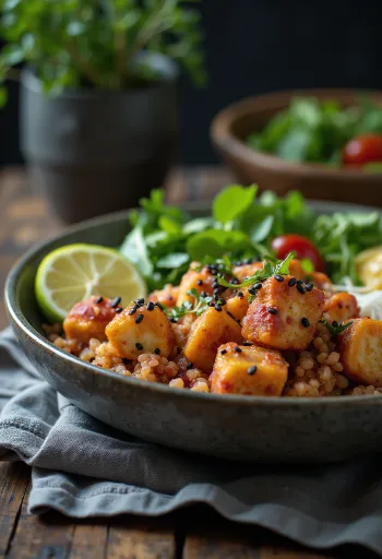 Buddha Bowl con tofu al limón, quinoa y tahini de betabel al curry servido