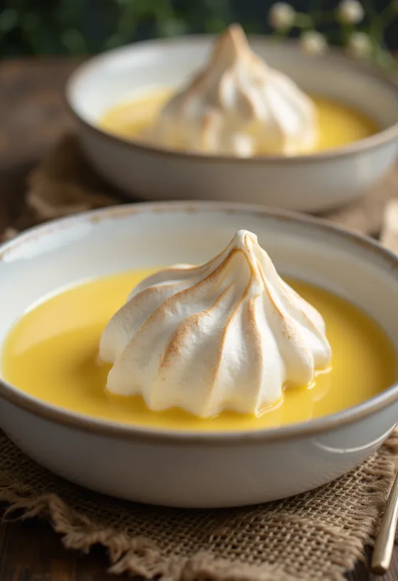 Isla flotante servida en copas, con crema de vainilla y espuma de clara de huevo