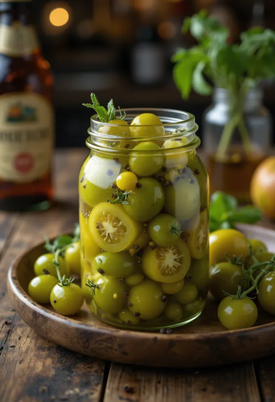 Jitomates verdes encurtidos en un frasco de vidrio