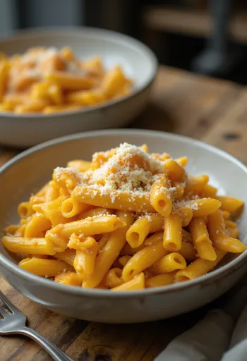 Pasta con calabaza y albahaca servida