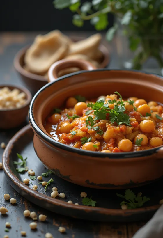 Tagine clásico con garbanzos, servido con abundantes verduras y especias frescas