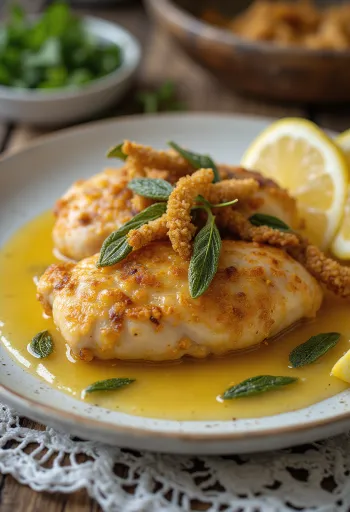 Pollo a la salvia con piel crujiente y hierbas frescas.