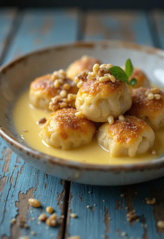 Aranygaluska tradicional con crema de vainilla – Bolitas suaves con nuez servidas con crema dulce.