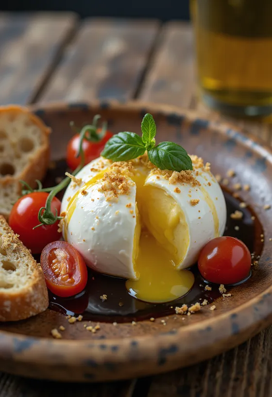 Burrata con aceite de oliva servida con jitomates frescos y lechuga.